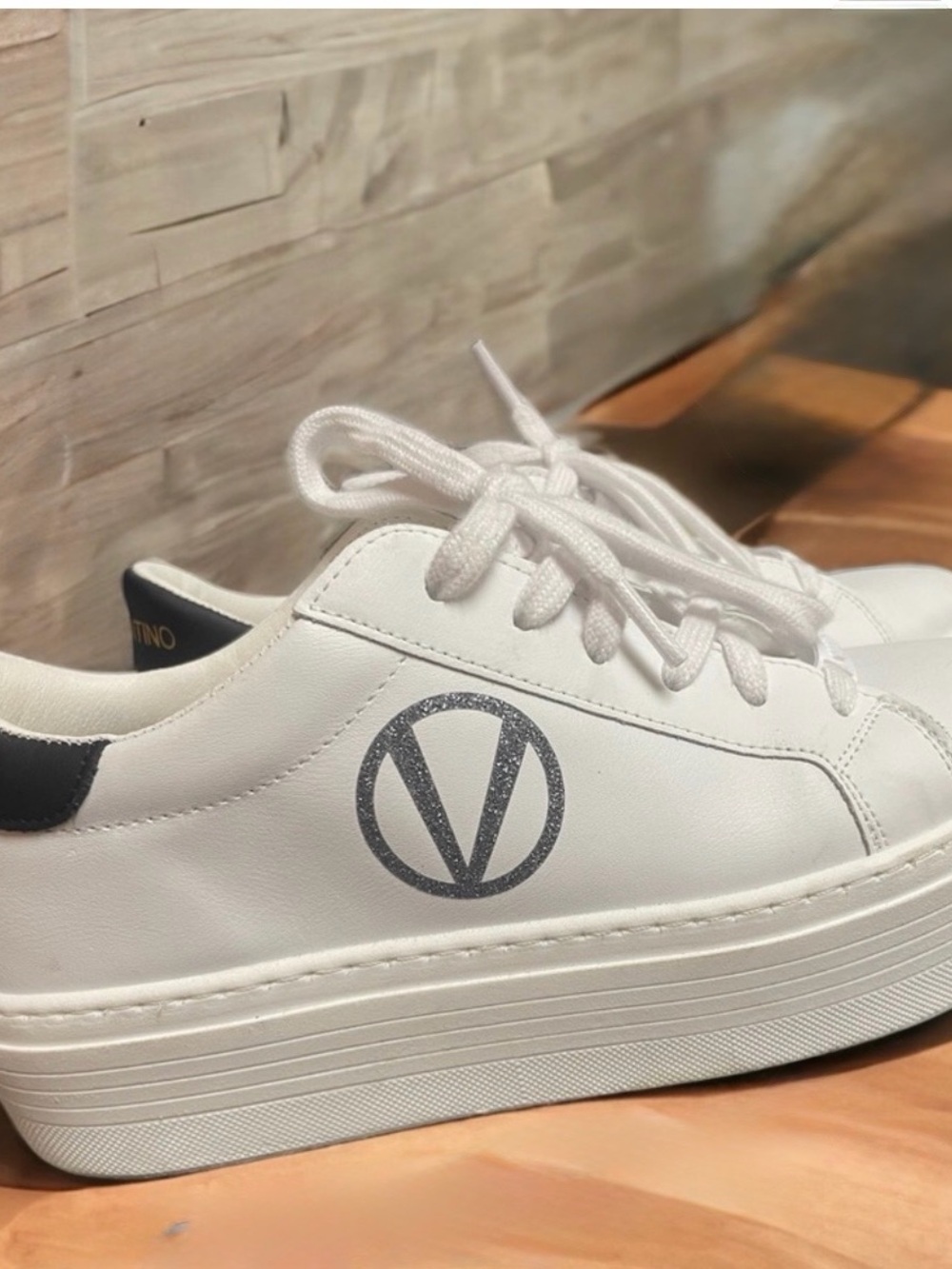 Valentino White Leather Platform Lace-Up Sneakers with Logo Tab - Picture 2 of 4